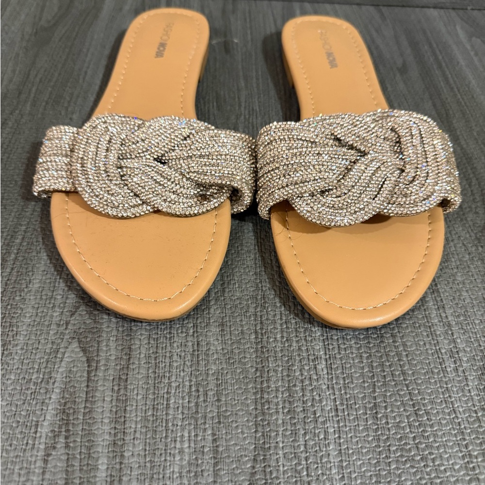 Fashion Nova Beaded Knot Slide Sandals - Tan with Champagne Sparkle